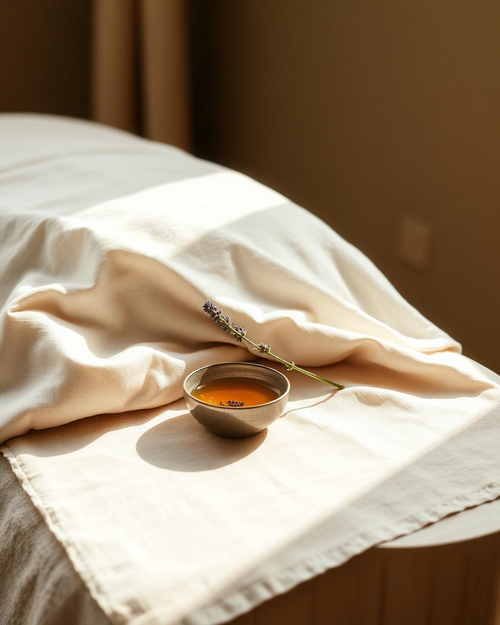 Cream linnen doek met een schaaltje warme massageolie en een takje lavendel